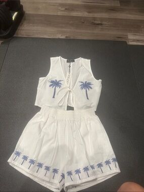 MINKPINK White High Waist Shorts Set with Blue Palm Embroidery